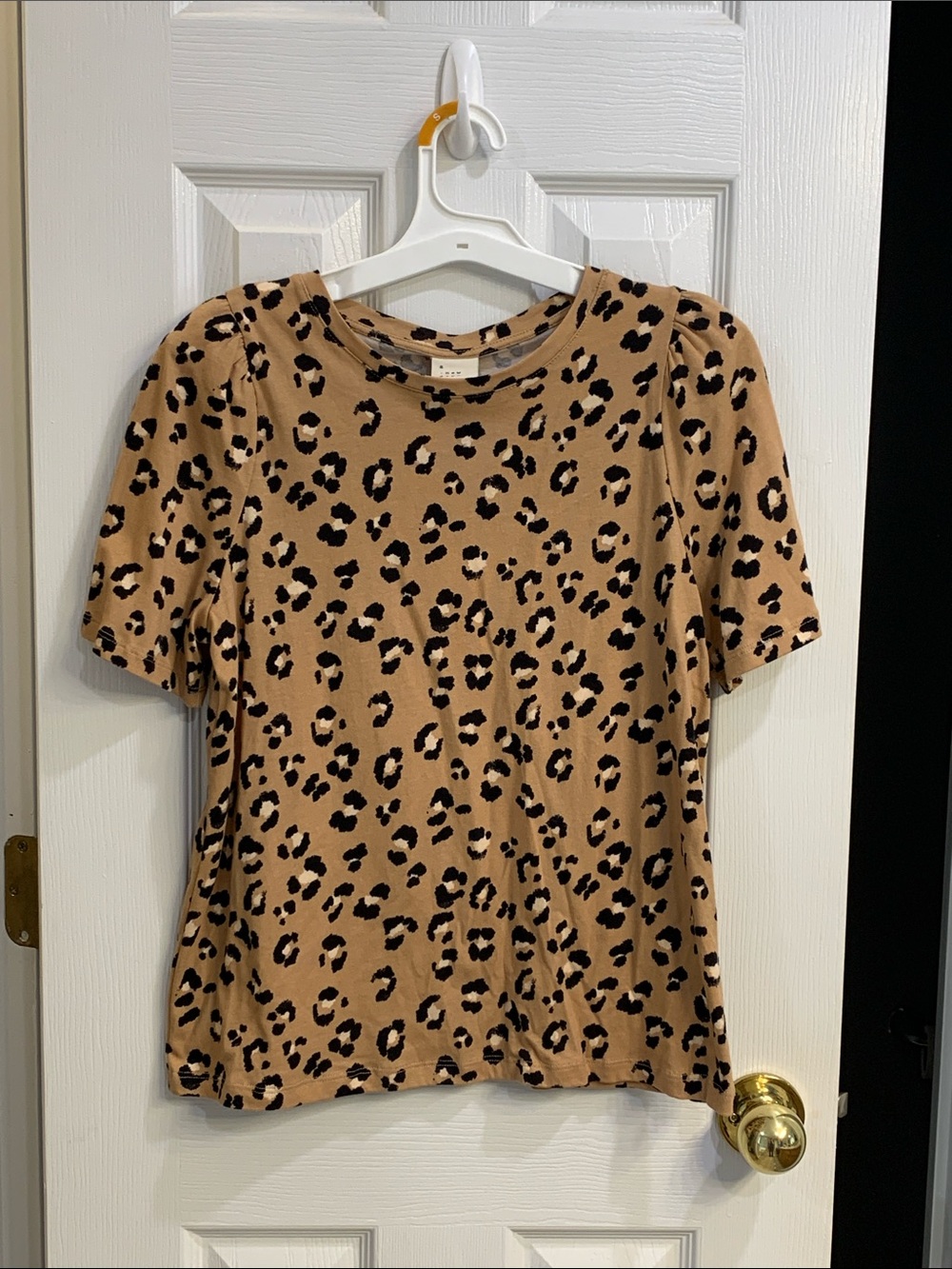 a new day Tan and Black Leopard Print Short Sleeve Blouse